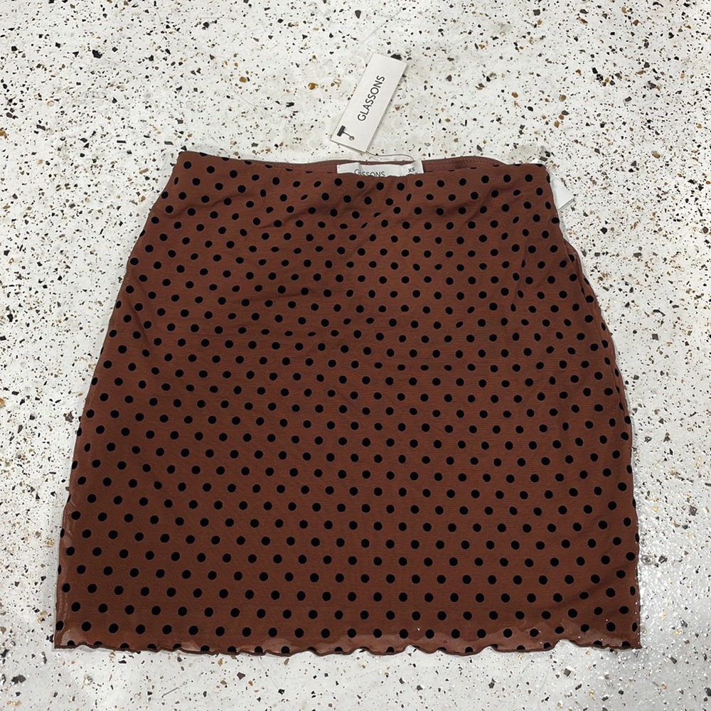 Glassons brown mini skirt with black polka dots.
